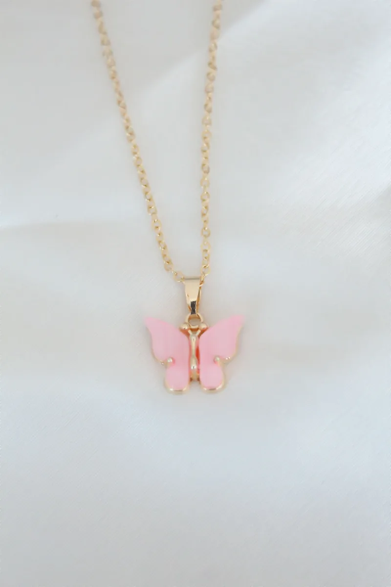 Pembe Sedefli Kelebek Model Gold Kaplama Kolye