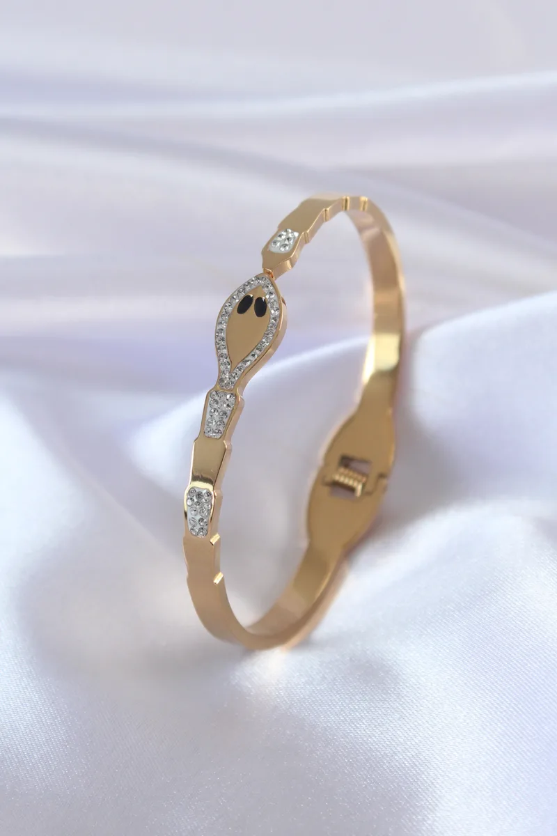 Zirkon Taşlı Gold Renk Yılan Model Kelepçe