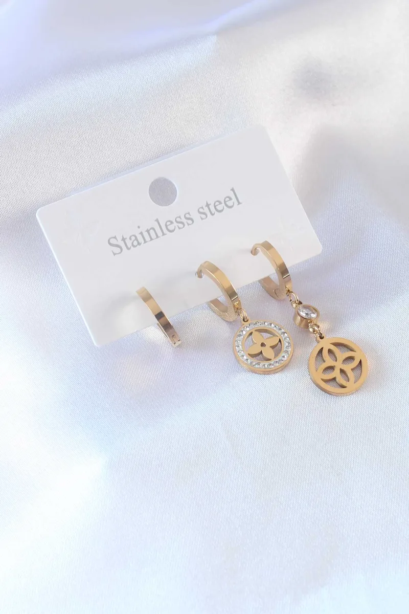 316L Çelik Gold Renk Çiçek Model Zirkon Taşlı Kadın Küpe 5886|Çiçek Model Zirkon Taşlı Gold Küpe