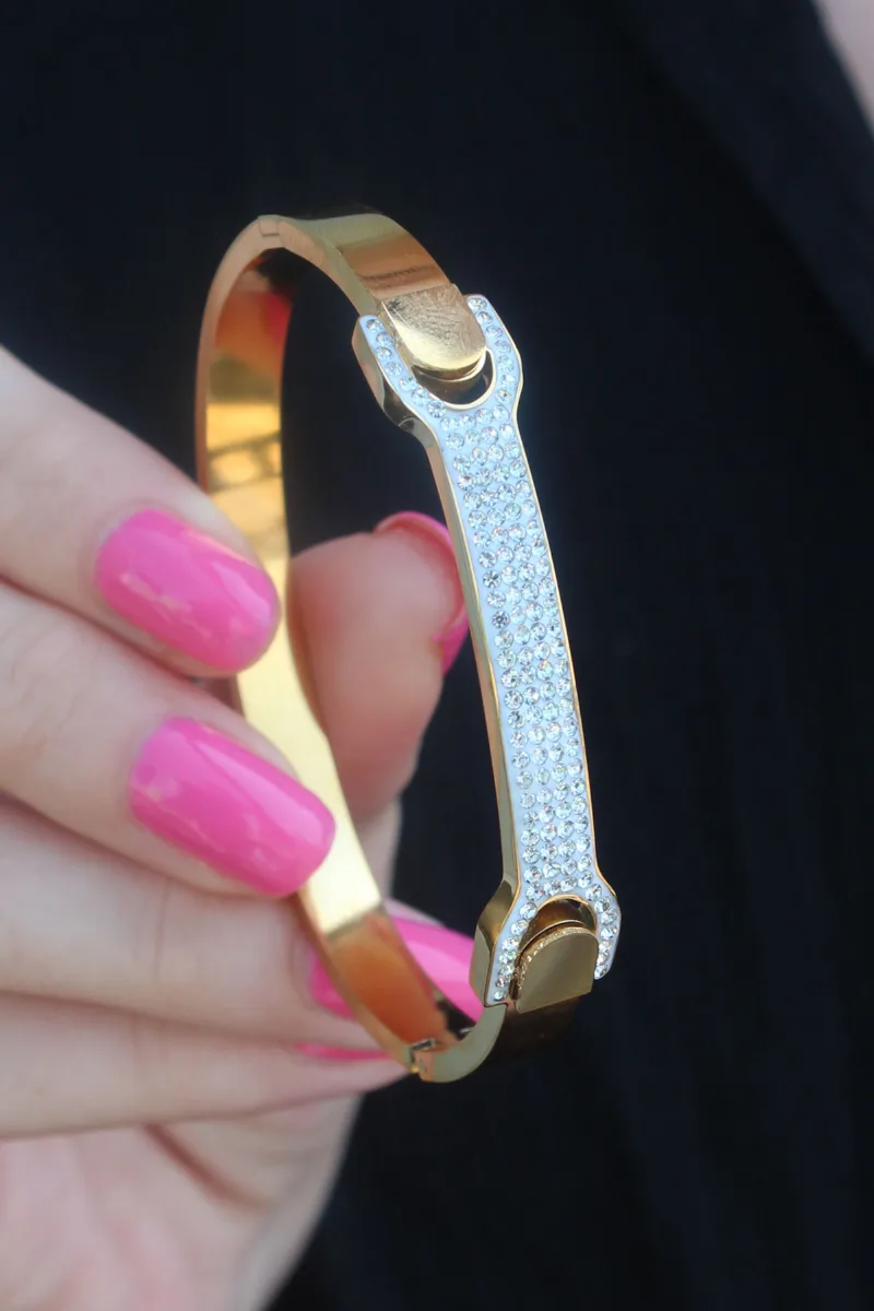 316L Çelik Gold Renk Zirkon Taşlı Kadın Kelepçe 5886|Zirkon Taşlı Gold Renk Çelik Kelepçe