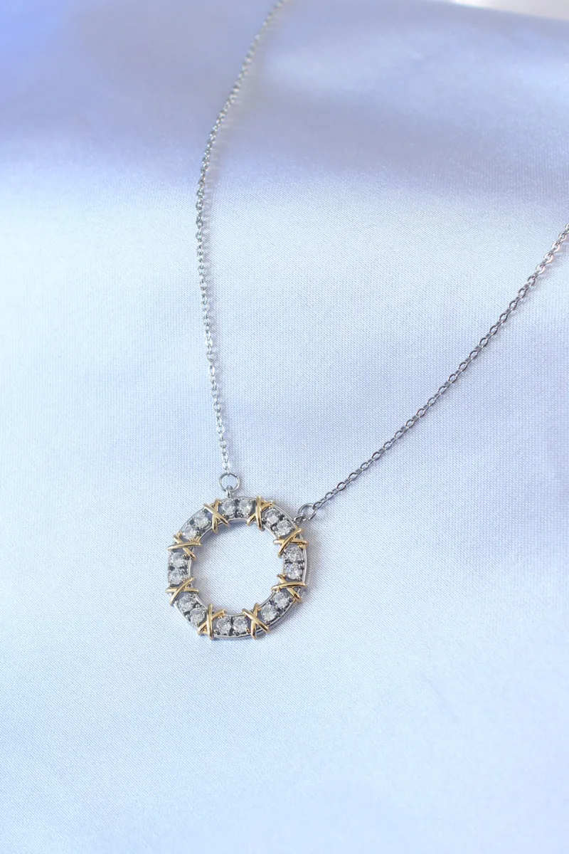 316L Çelik Gümüş Renk Zirkon Taşlı Gold Detay Xoxo Kadın Kolye 5886|Xoxo Detaylı Zirkon Taşlı Gümüş Gold Kolye