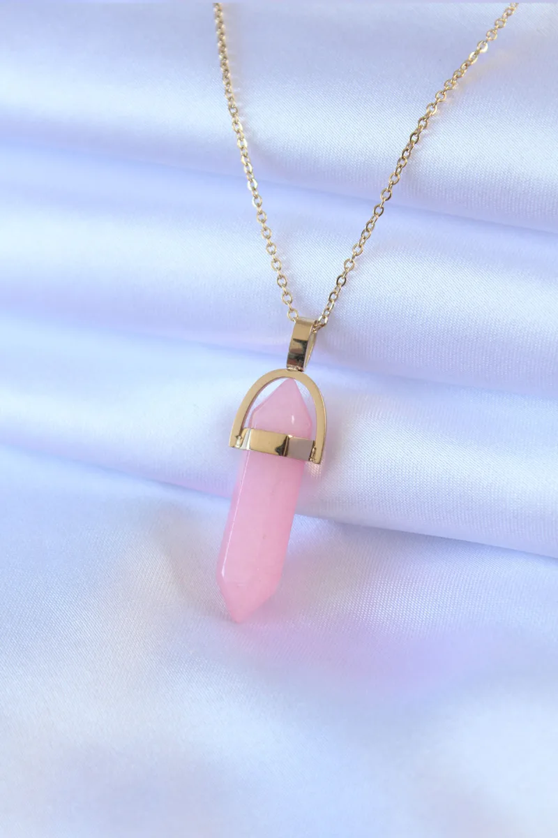 316L Çelik Gold Renk Kristal Pembe Taş Model Kadın kolye 5886|Pembe Kristal Taşlı Gold Renk Kolye