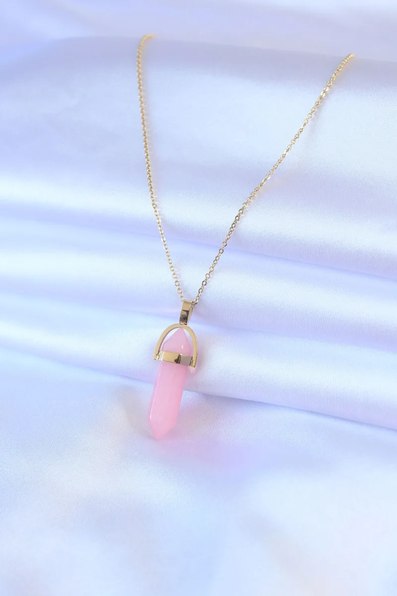 316L Çelik Gold Renk Kristal Pembe Taş Model Kadın kolye 5886|Pembe Kristal Taşlı Gold Renk Kolye