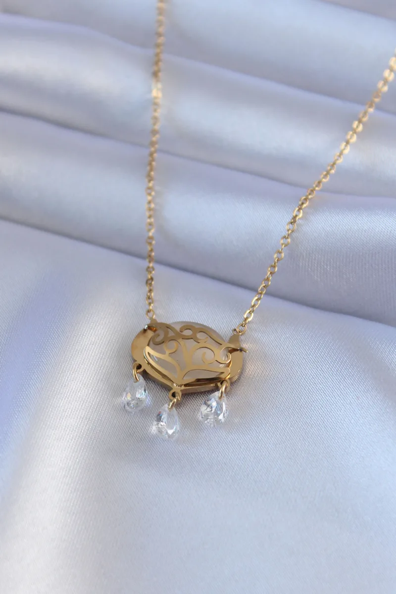 316L Çelik Gold Renk Lotus Model Zirkon Taşlı Kadın Kolye 5886|Lotus Desenli Zirkon Taşlı Gold Kolye