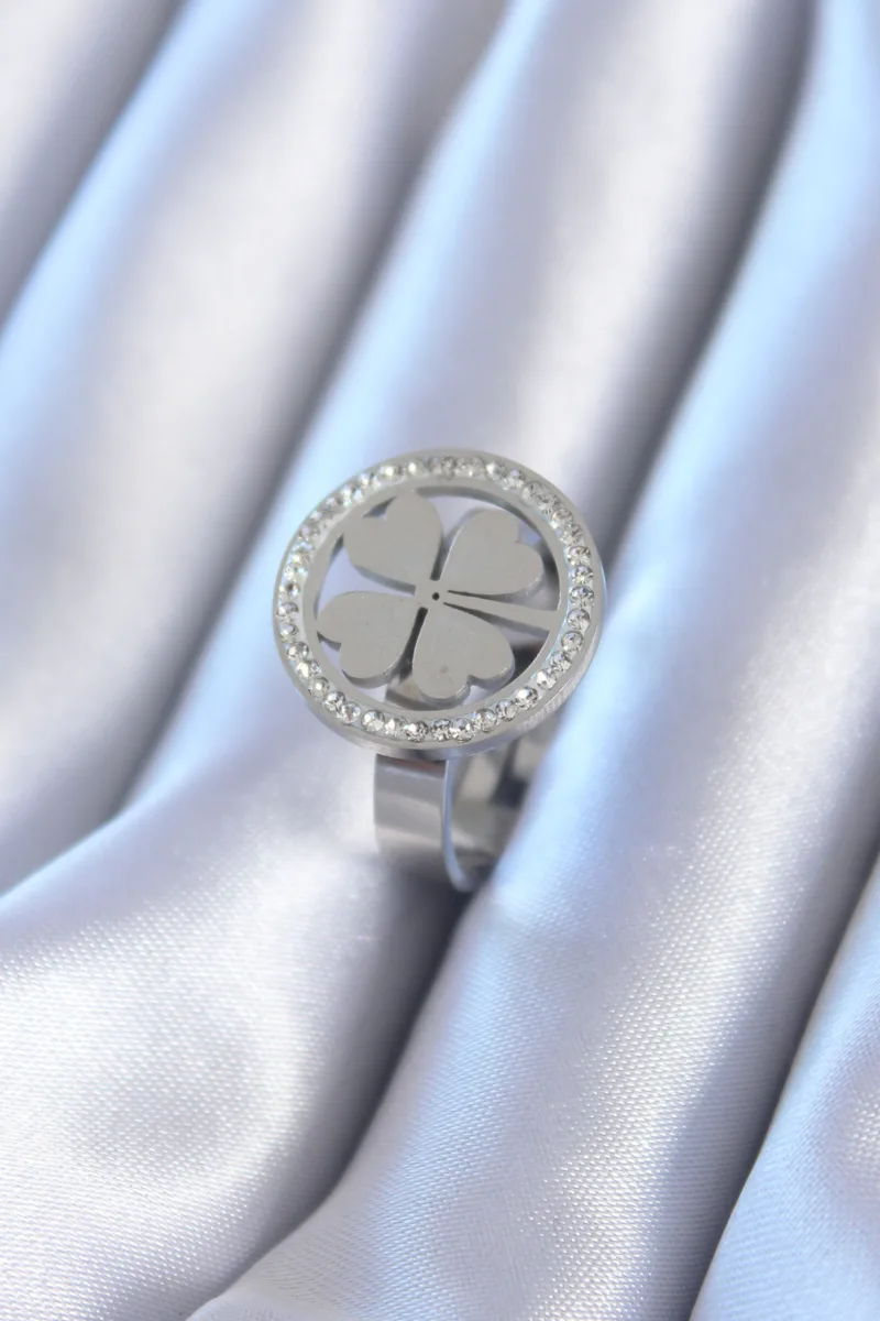 316L Çelik Gümüş Renk Zirkon Taşlı Yonca Model Kadın Yüzük 5886|Yonca Model Zirkon Taşlı Gümüş Yüzük