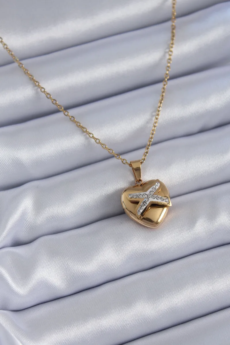 316L Çelik Gold Renk Zirkon Detay Kalp Model Kadın Kolye 5886|Kalp Figürlü Zirkon Detaylı Gold Kolye