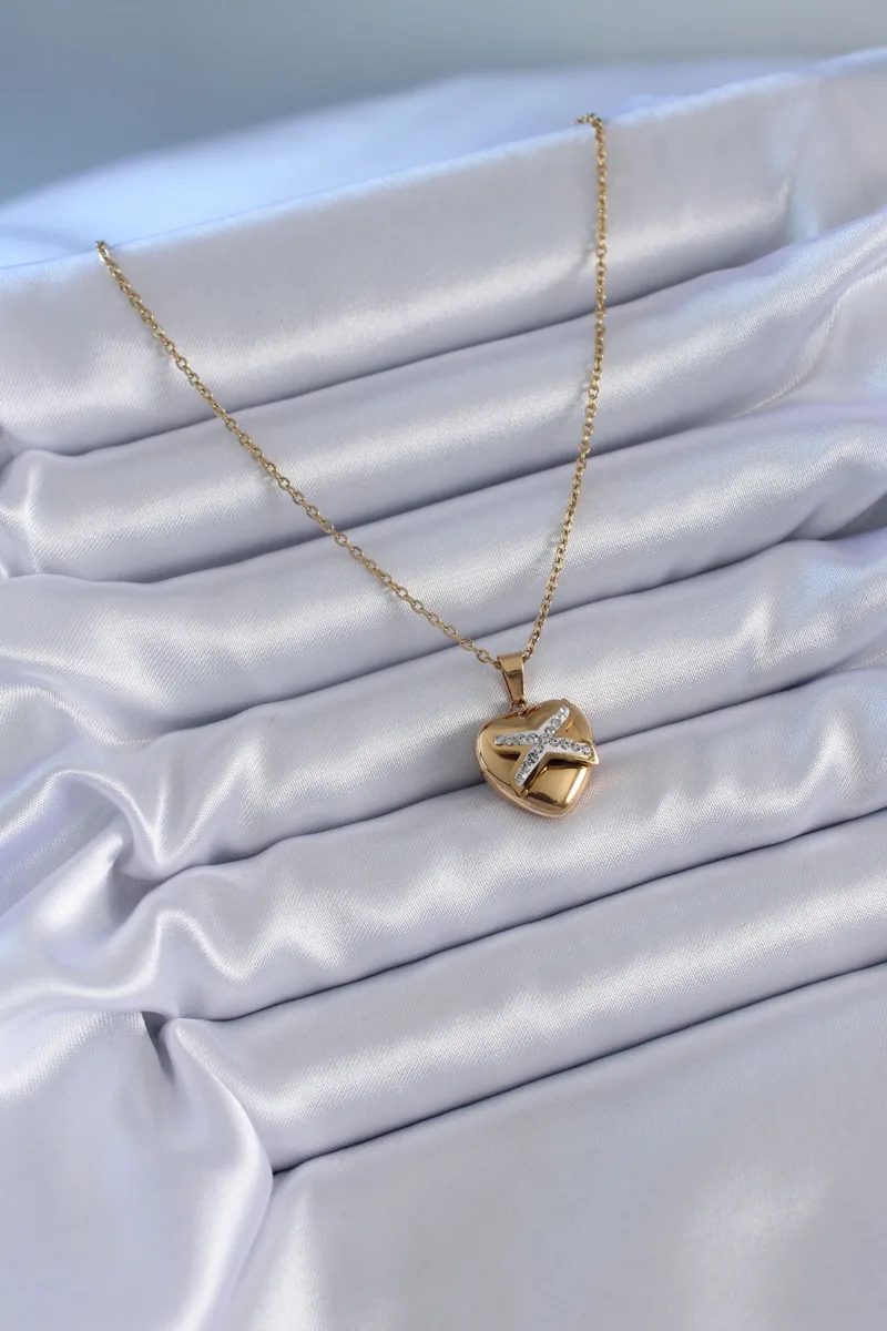 316L Çelik Gold Renk Zirkon Detay Kalp Model Kadın Kolye 5886|Kalp Figürlü Zirkon Detaylı Gold Kolye