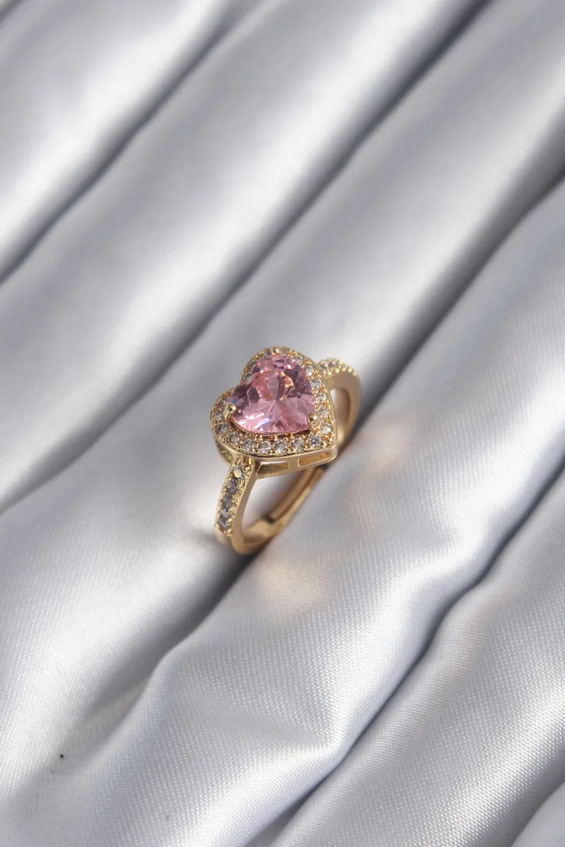 Pirinç Gold Renk Pembe Zirkonlu Kalp Yüzük
