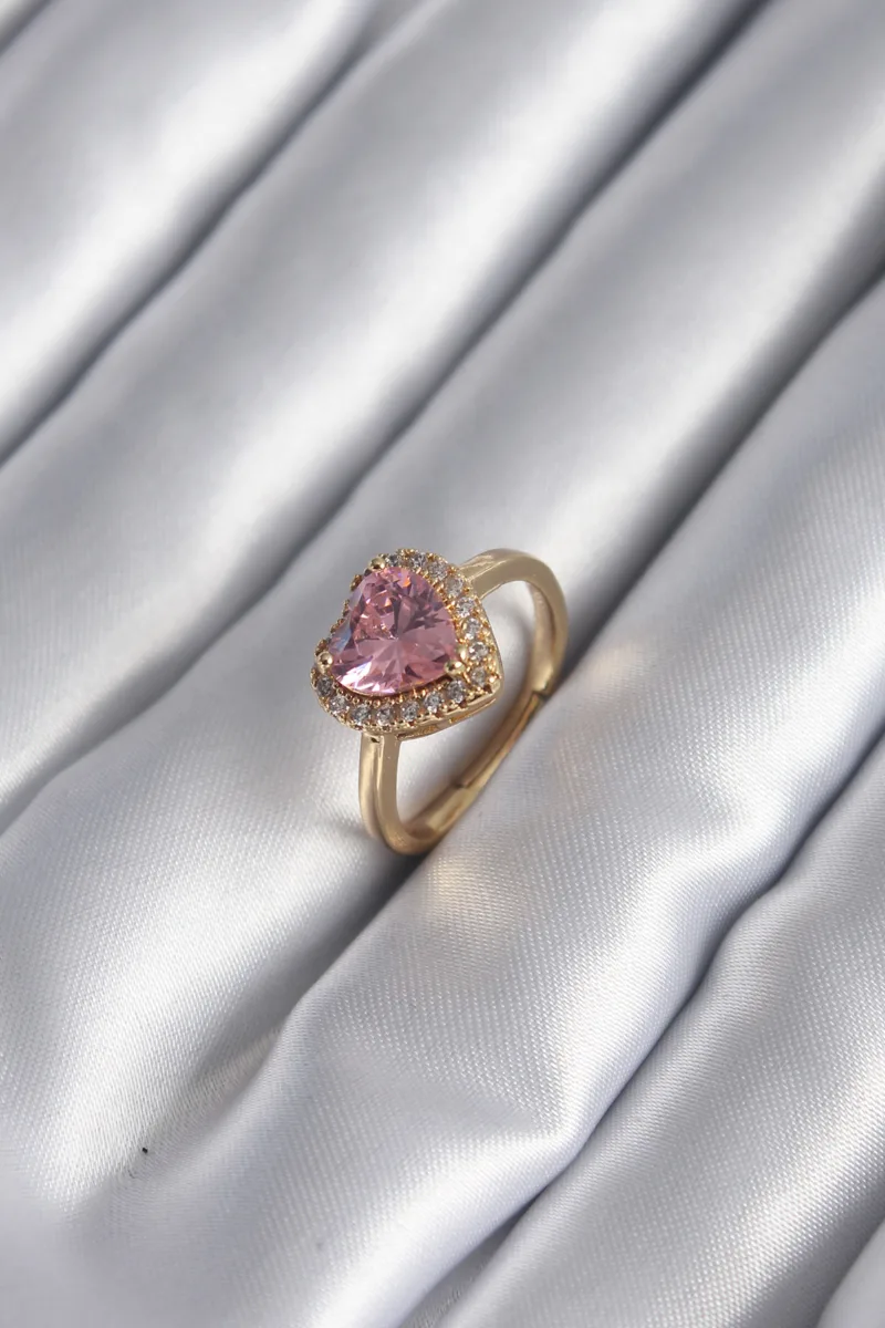 Pembe Kalp Charm Zirkon Taşlı Gold Renk Yüzük