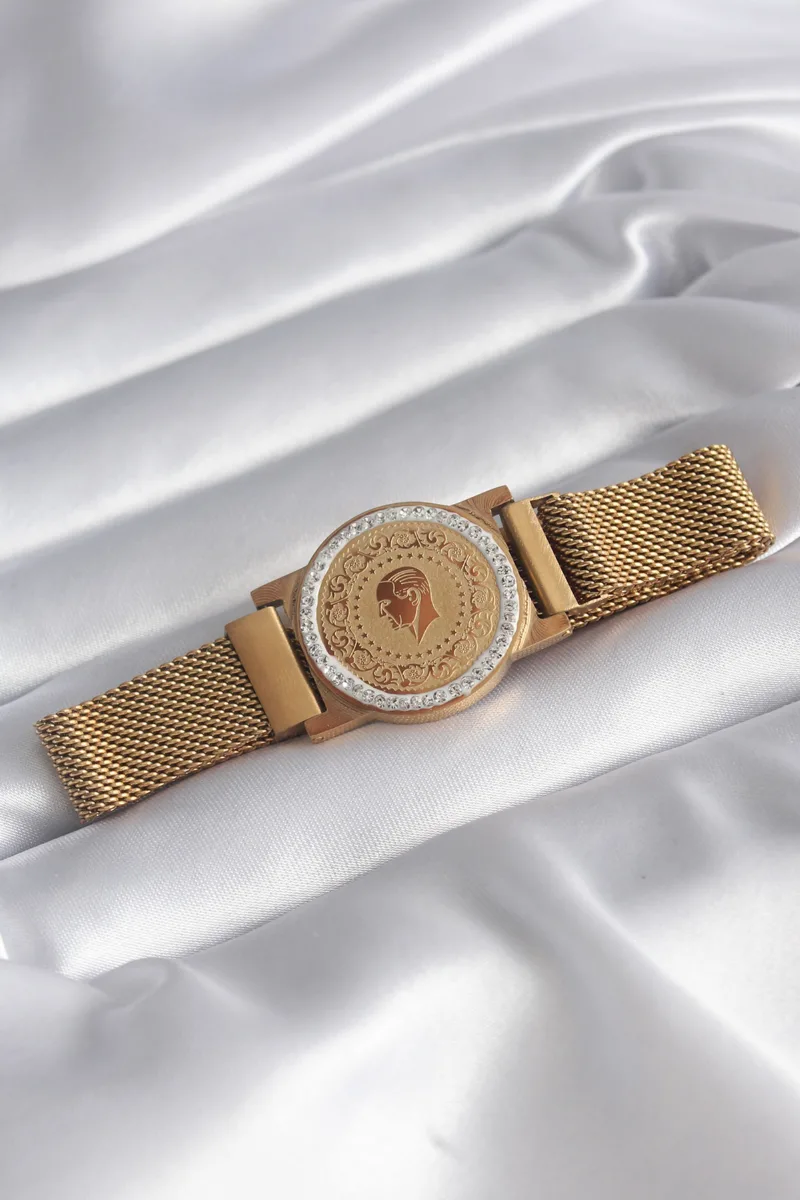 Mıknatıslı Hasır Model Zirkon Taşlı Gold Çelik Bileklik