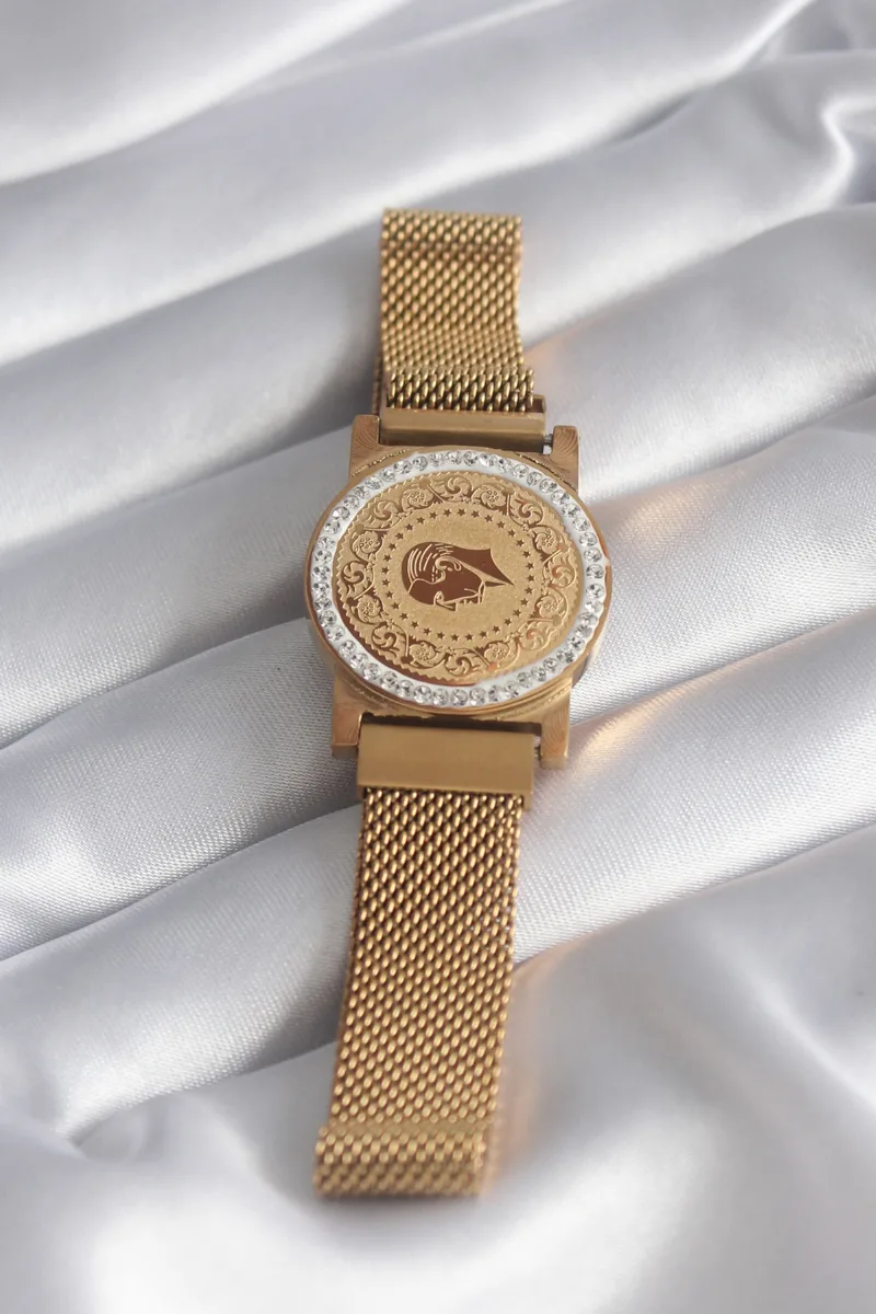 Mıknatıslı Hasır Model Zirkon Taşlı Gold Çelik Bileklik