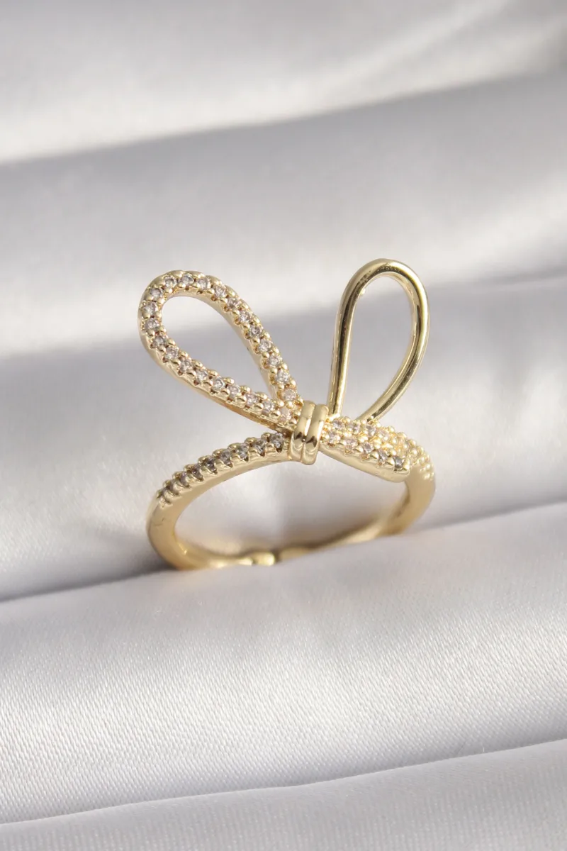 Düğüm Model Zirkon Taşlı Gold Renk Yüzük