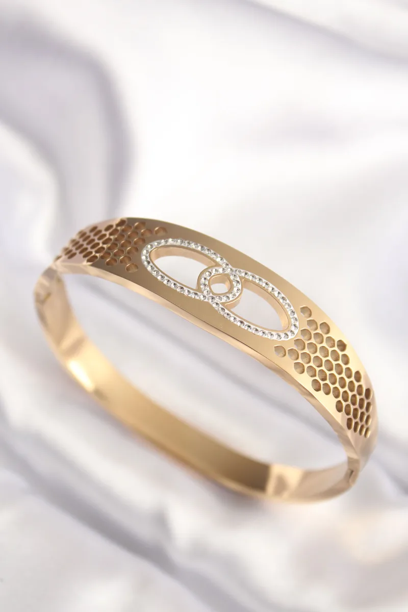 Kelepçe Model Zirkon Taşlı Gold Renk Çelik Bilezik