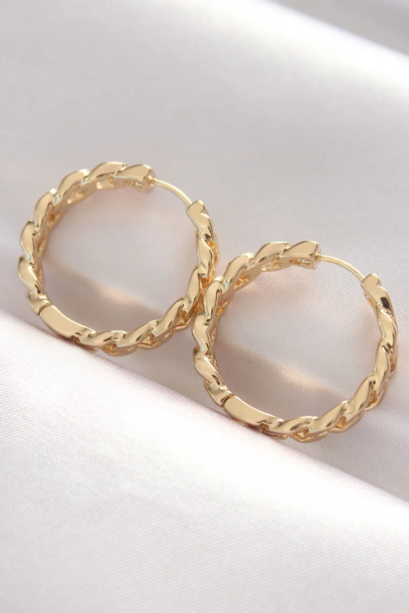 Pirinç Gold Renk Zincir Model Halka Küpe 5886|Zincir Detaylı Halka Gold Küpe