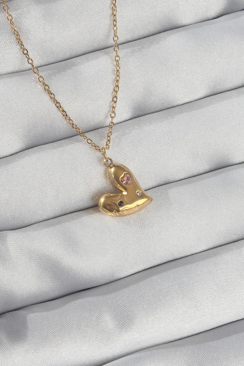 Kalp Model Renkli Zirkon Taşlı Gold Kolye