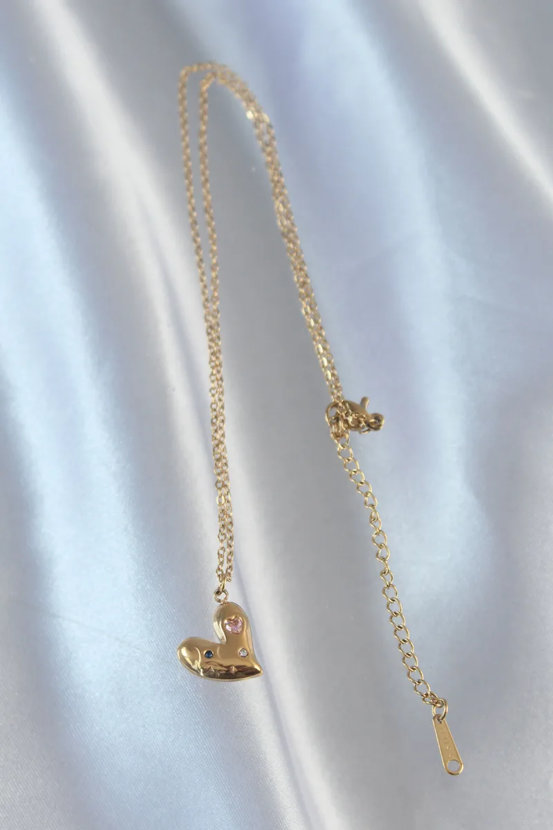 Kalp Model Renkli Zirkon Taşlı Gold Kolye