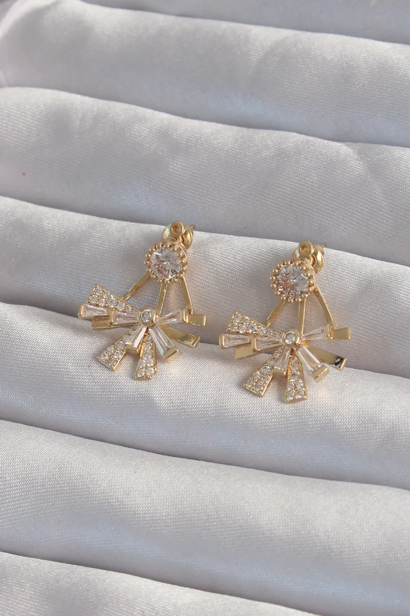 Pirinç Zirkon Taşlı Yassı Fiyonk Model Gold Küpe