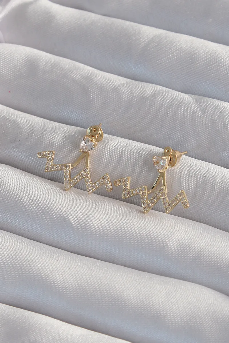 Pirinç Zirkon Taşlı Zikzak Model Gold Küpe