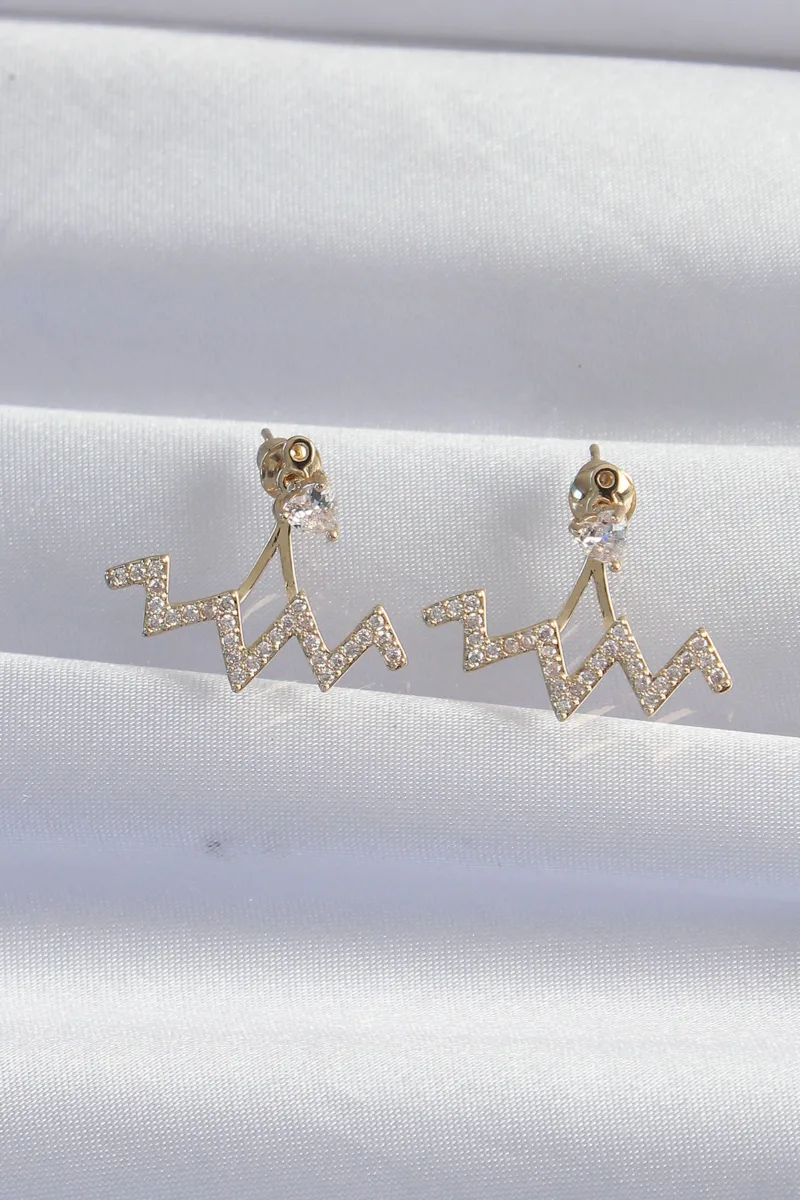 Pirinç Zirkon Taşlı Zikzak Model Gold Küpe