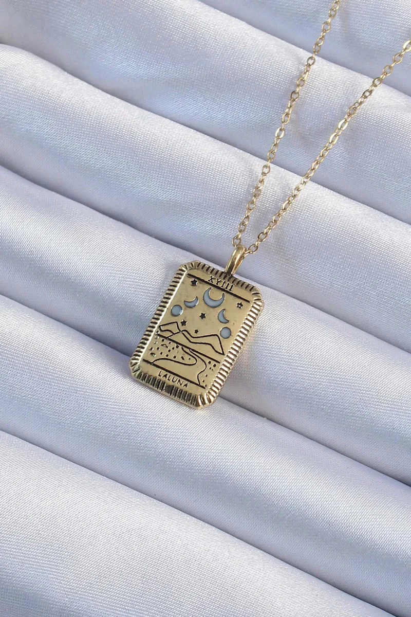 Ay Figürlü Eskitme Çelik Altın Renk Tarot Kolye