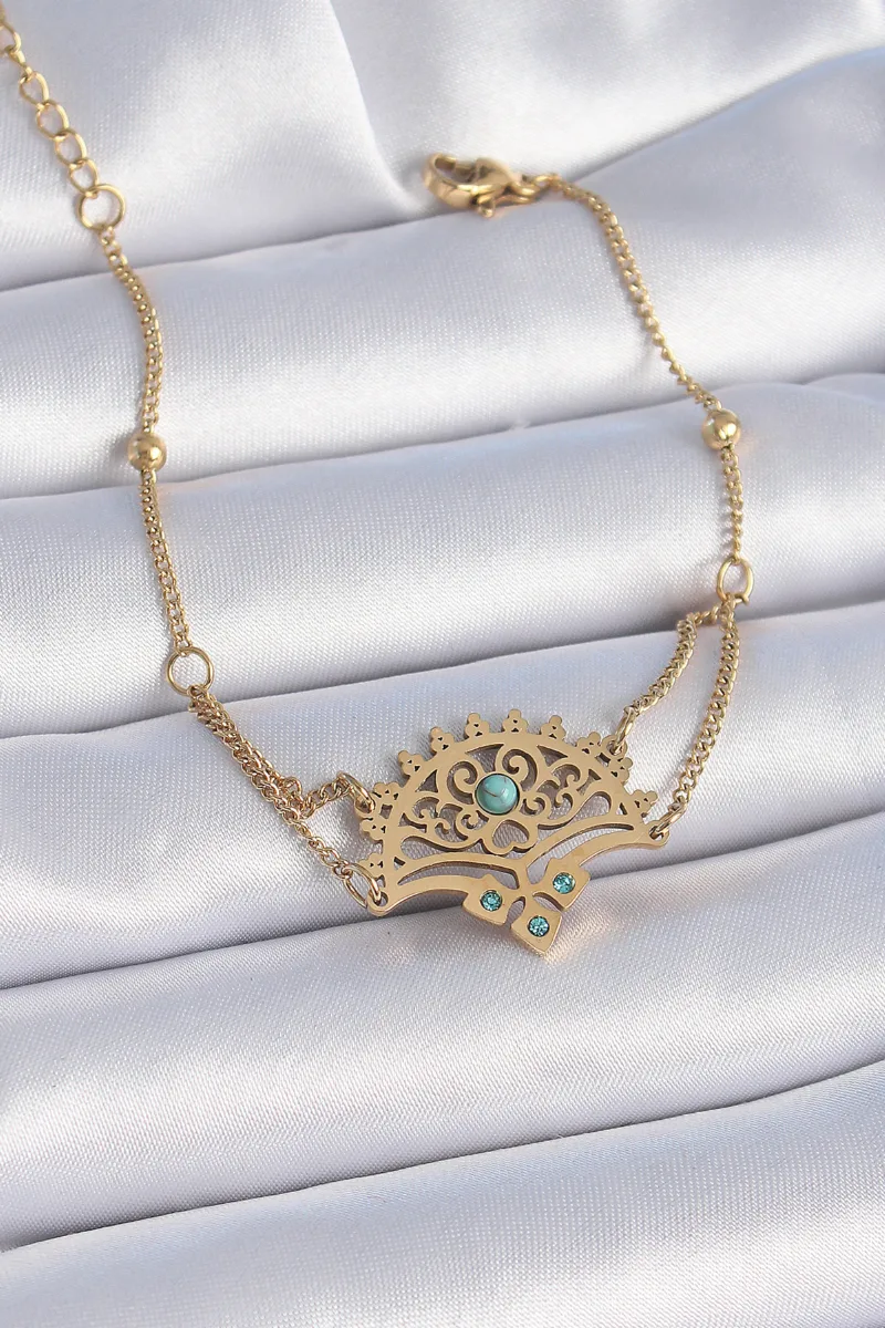 Etnik Desenli Mavi Taşlı Çelik Gold Renk Bileklik