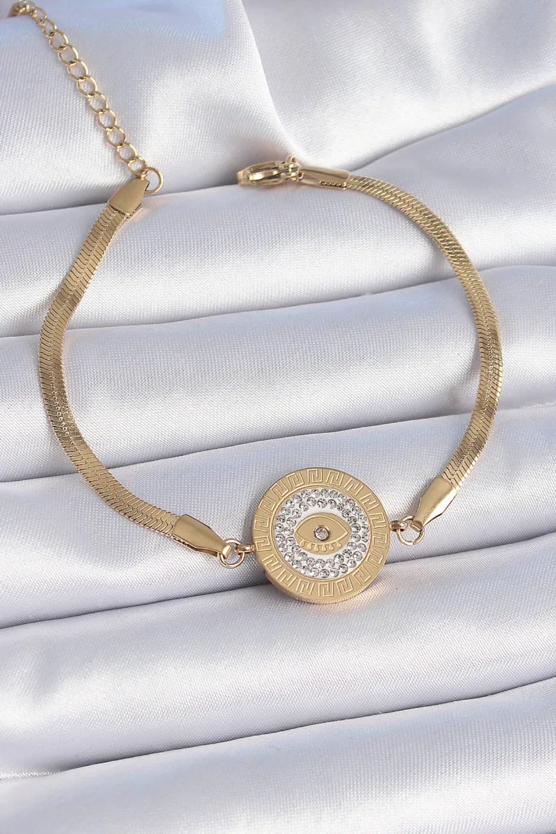 Göz İşlemeli Madalyon Zirkon Taşlı Gold Renk Bileklik