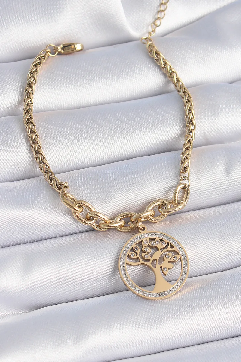 Yaşam Ağacı Figürlü Zirkon Taşlı Gold Renk Bileklik