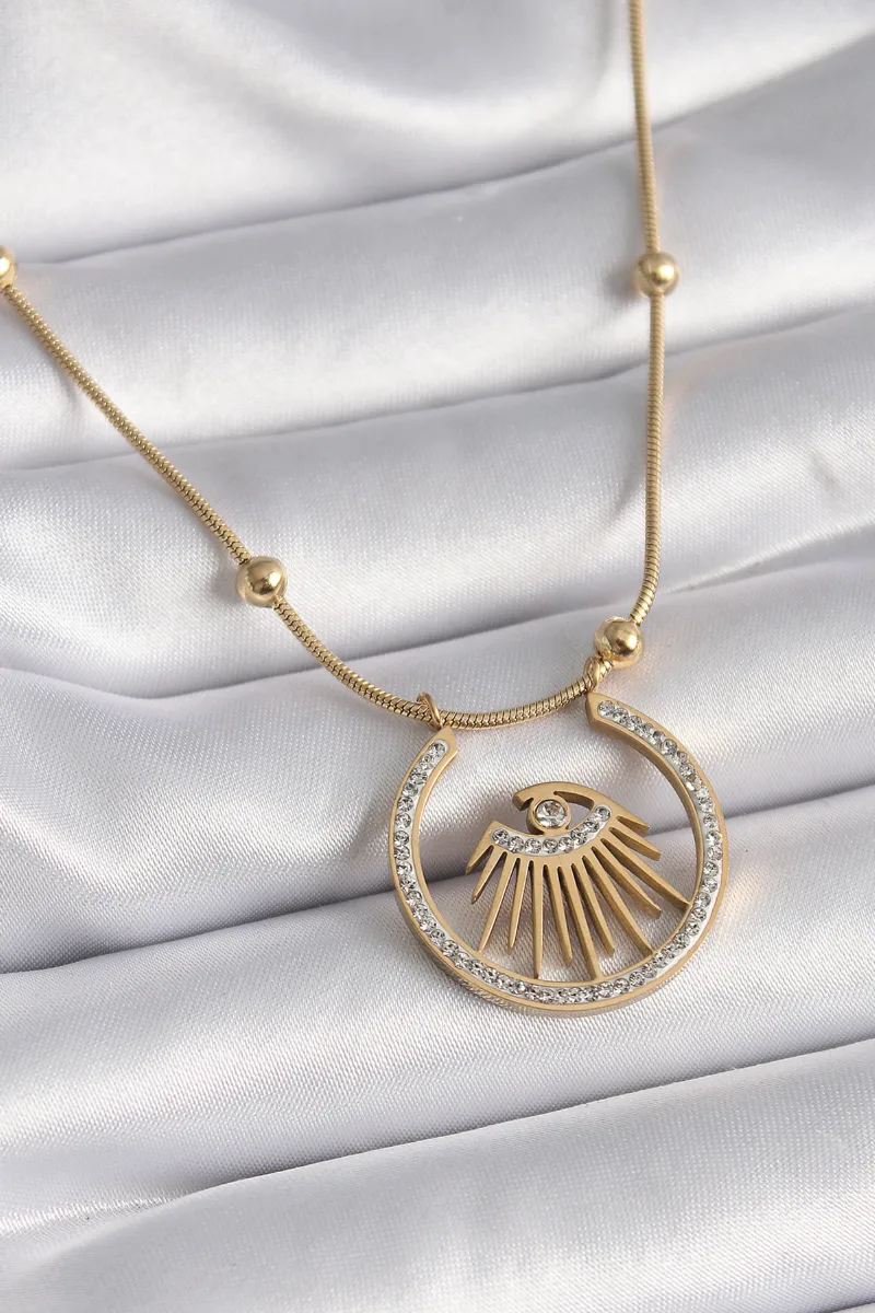 Göz Model Zirkon Taşlı Çelik Gold Renk Kolye