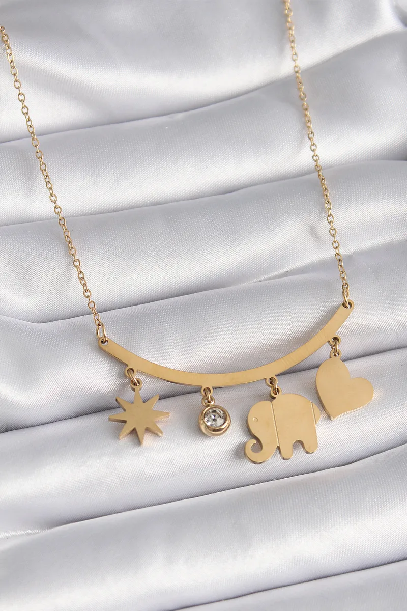 Fil Figürlü Zirkon Taşlı Çelik Gold Renk Kolye