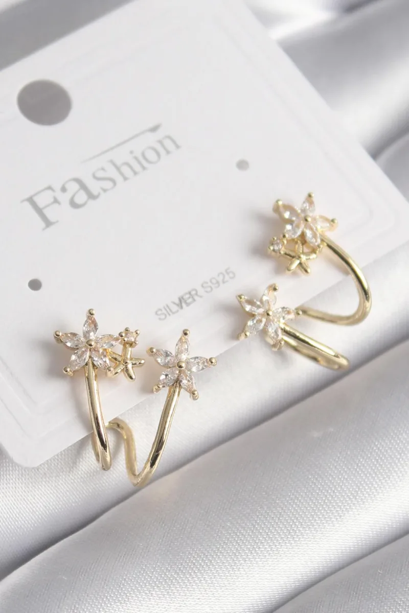 Çiçek Model Zirkon Taşlı Gold Renk Küpe
