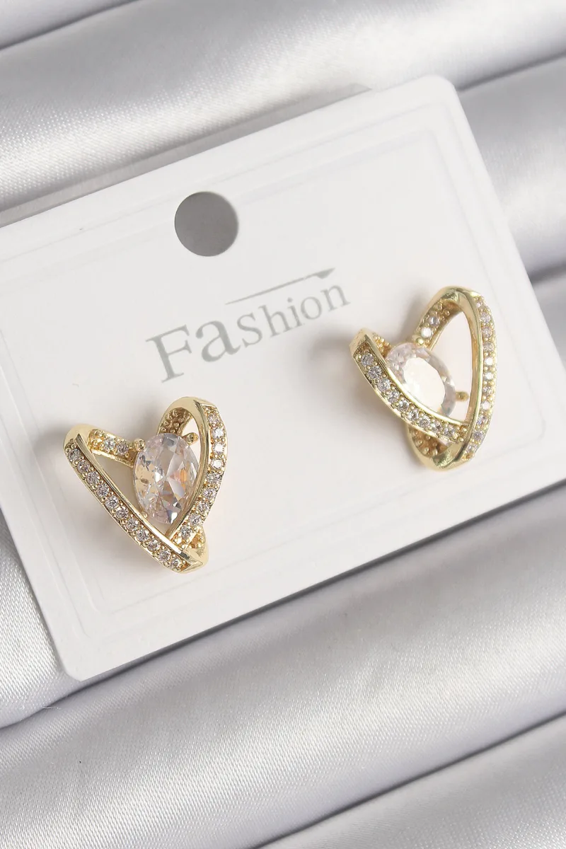 Kalp Model Zirkon Taşlı Gold Renk Küpe