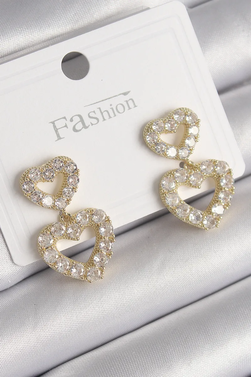 Sallantılı Kalp Model Zirkon Taşlı Gold Küpe