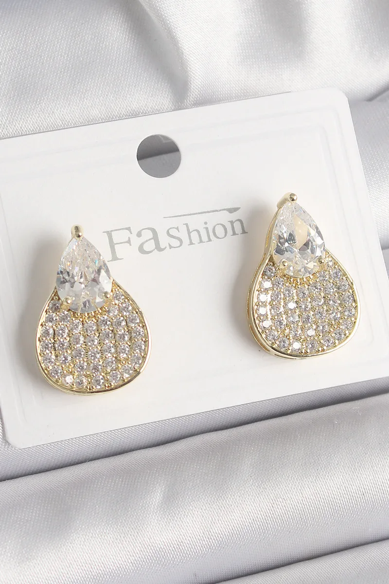 Pirinç Gold Renk Zirkon Taşlı Damla Model Kadın Küpe 5886|Zirkon Taşlı Gold Renk Damla Model Küpe