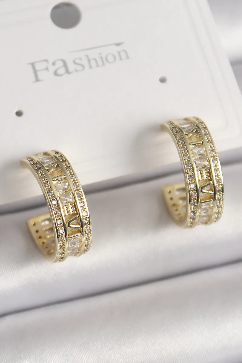 İşlemeli Halka Model Zirkon Taşlı Gold Küpe