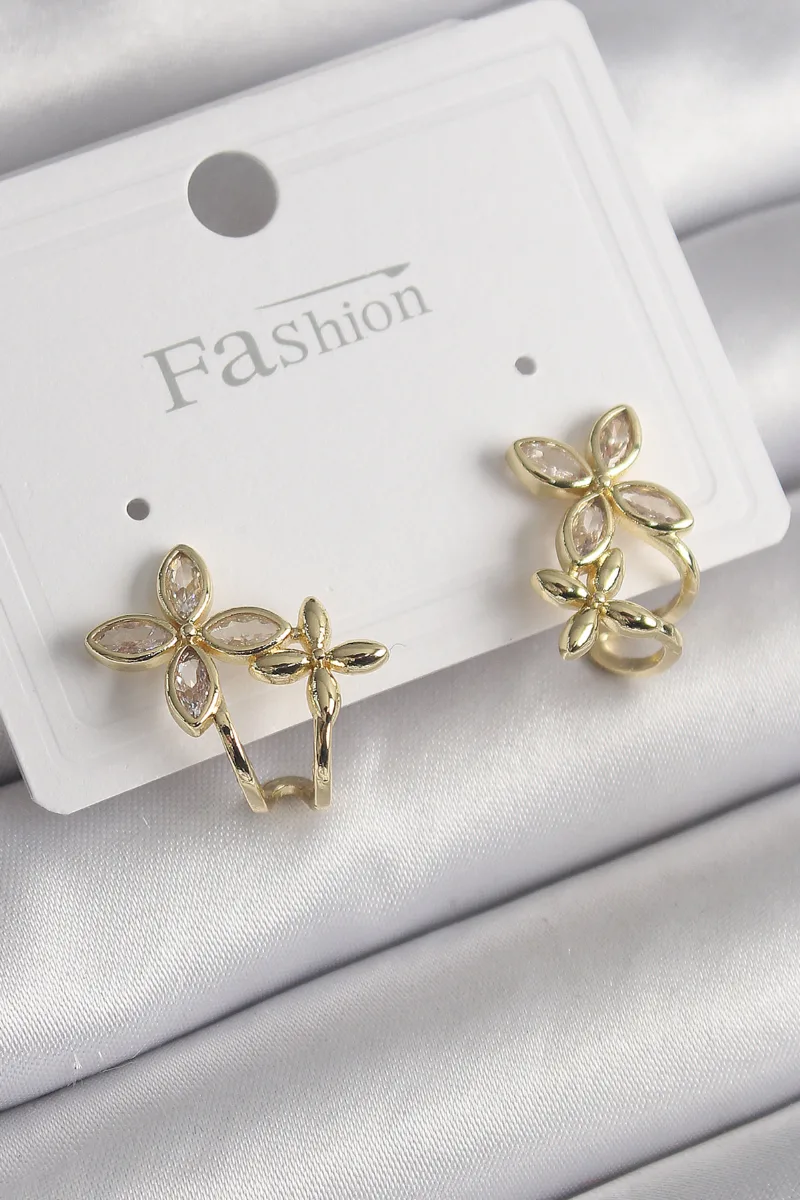 İkili Çiçek Model Zirkon Taşlı Gold Renk Küpe