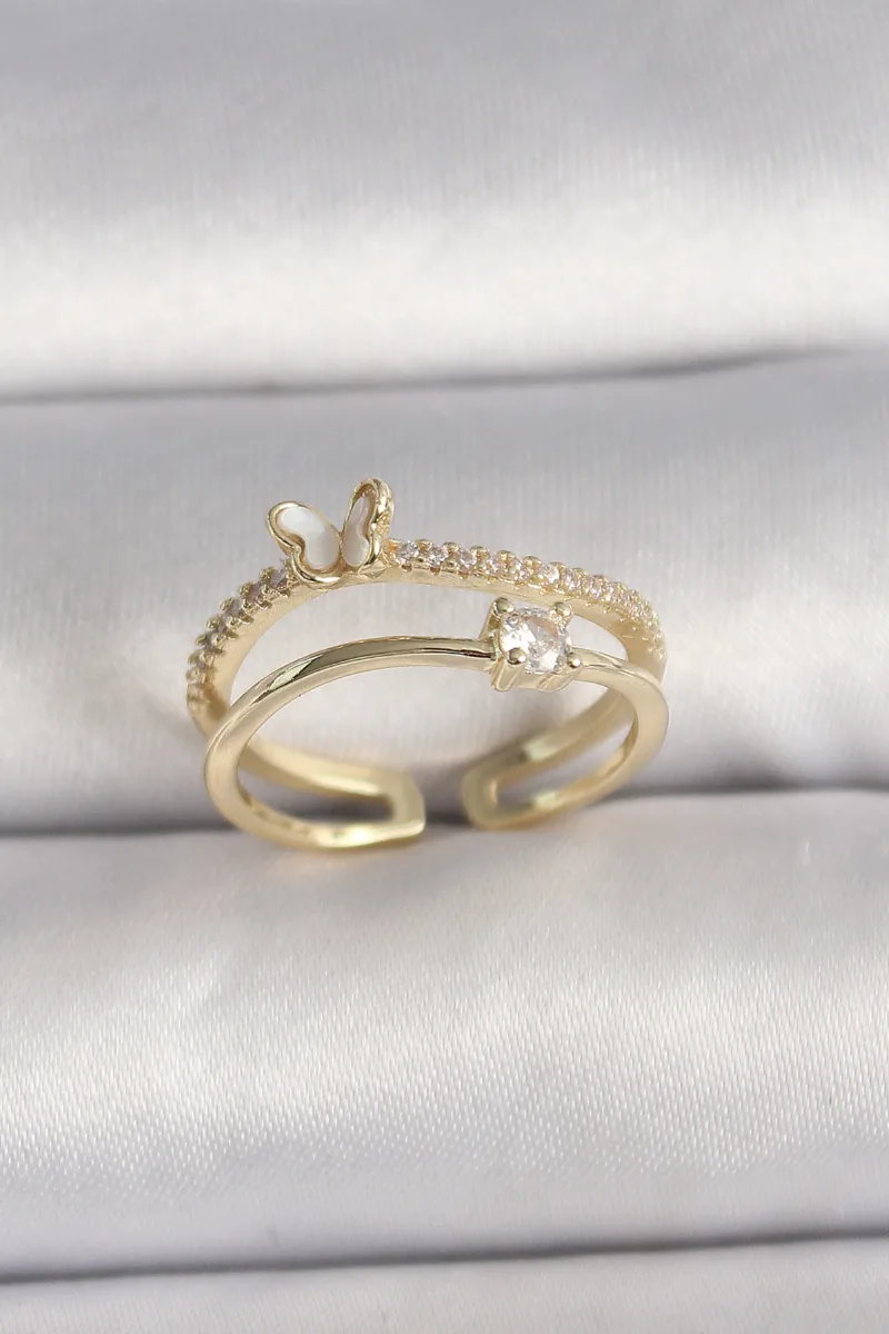 Kelebek Figürlü Zirkon Taşlı Gold Renk Yüzük