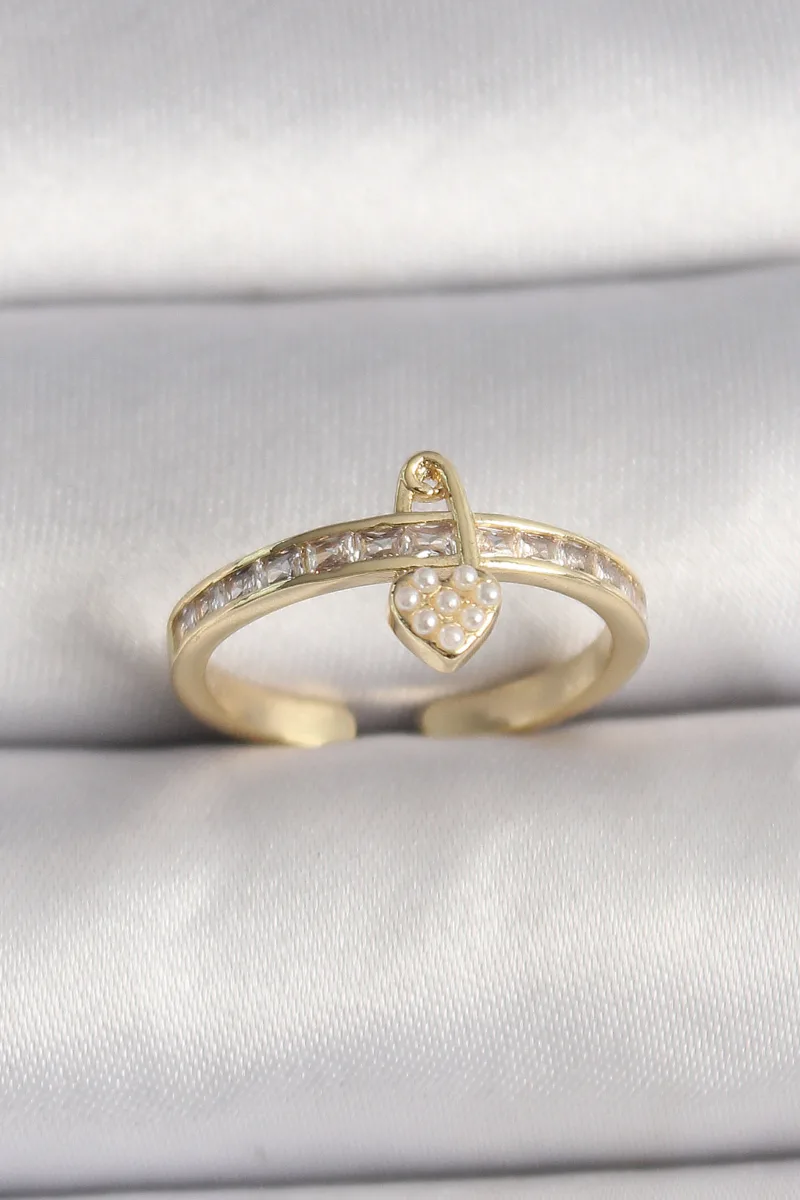 Kilit Kalp Figürlü İncili Zirkon Taşlı Gold Yüzük