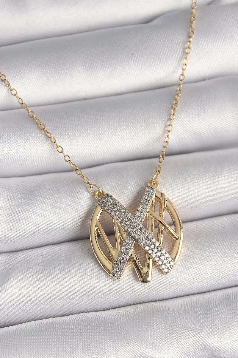 Gold Renk Çelik Zirkon Taşlı Vintage Kolye