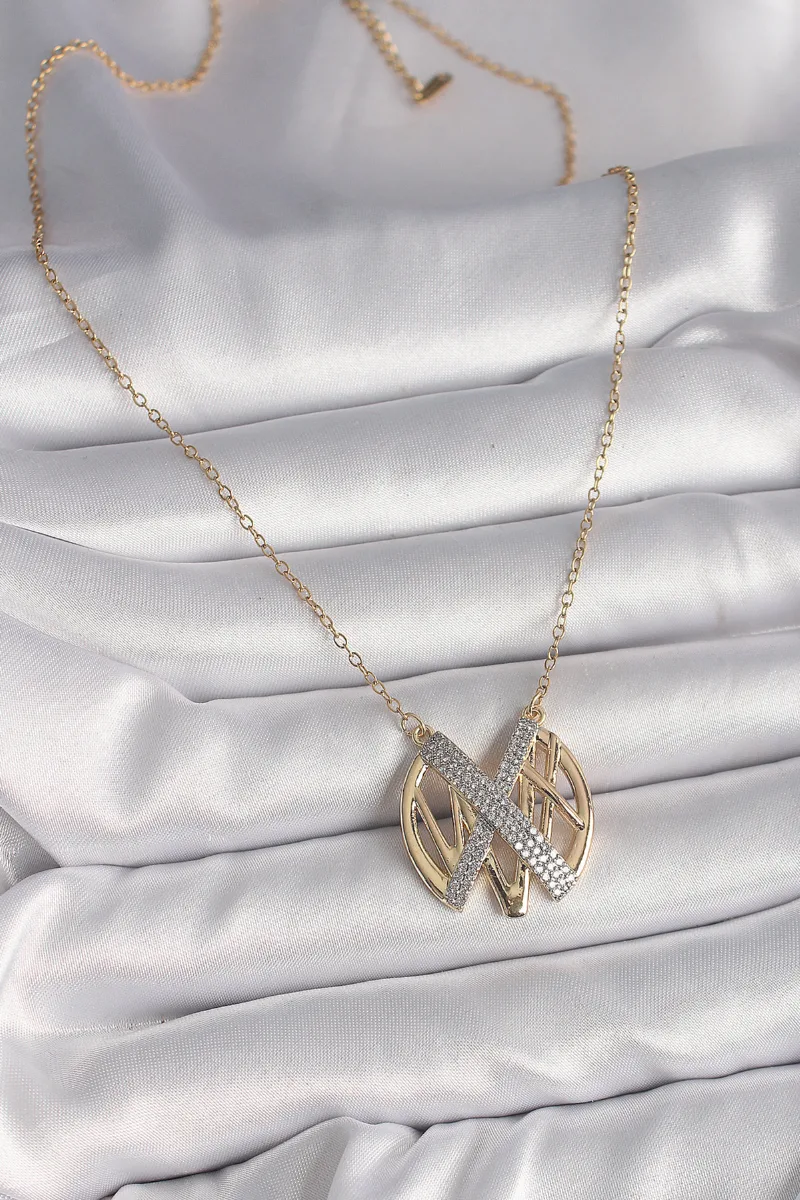 Gold Renk Çelik Zirkon Taşlı Vintage Kolye