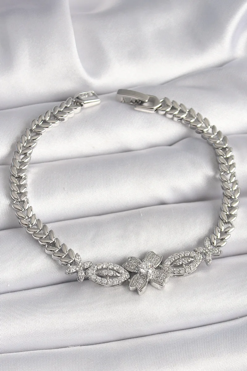 Çiçek Figürlü Arpa Zincir Zirkonlu Gümüş Renk Bileklik
