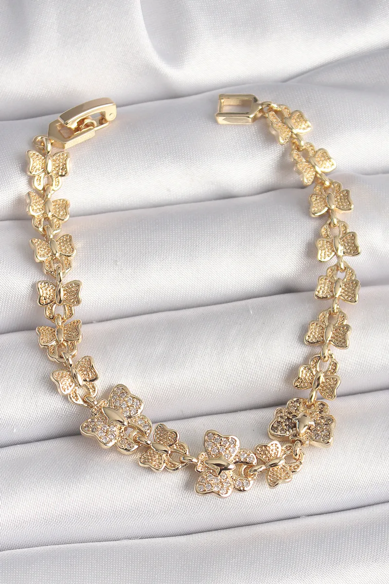 Kelebek Model Zirkonlu Zincirli Gold Renk Bileklik