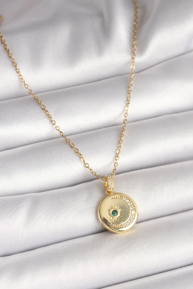 Çelik Gold Renk Zirkonlu Hilal Yıldız Madalyonlu Kolye