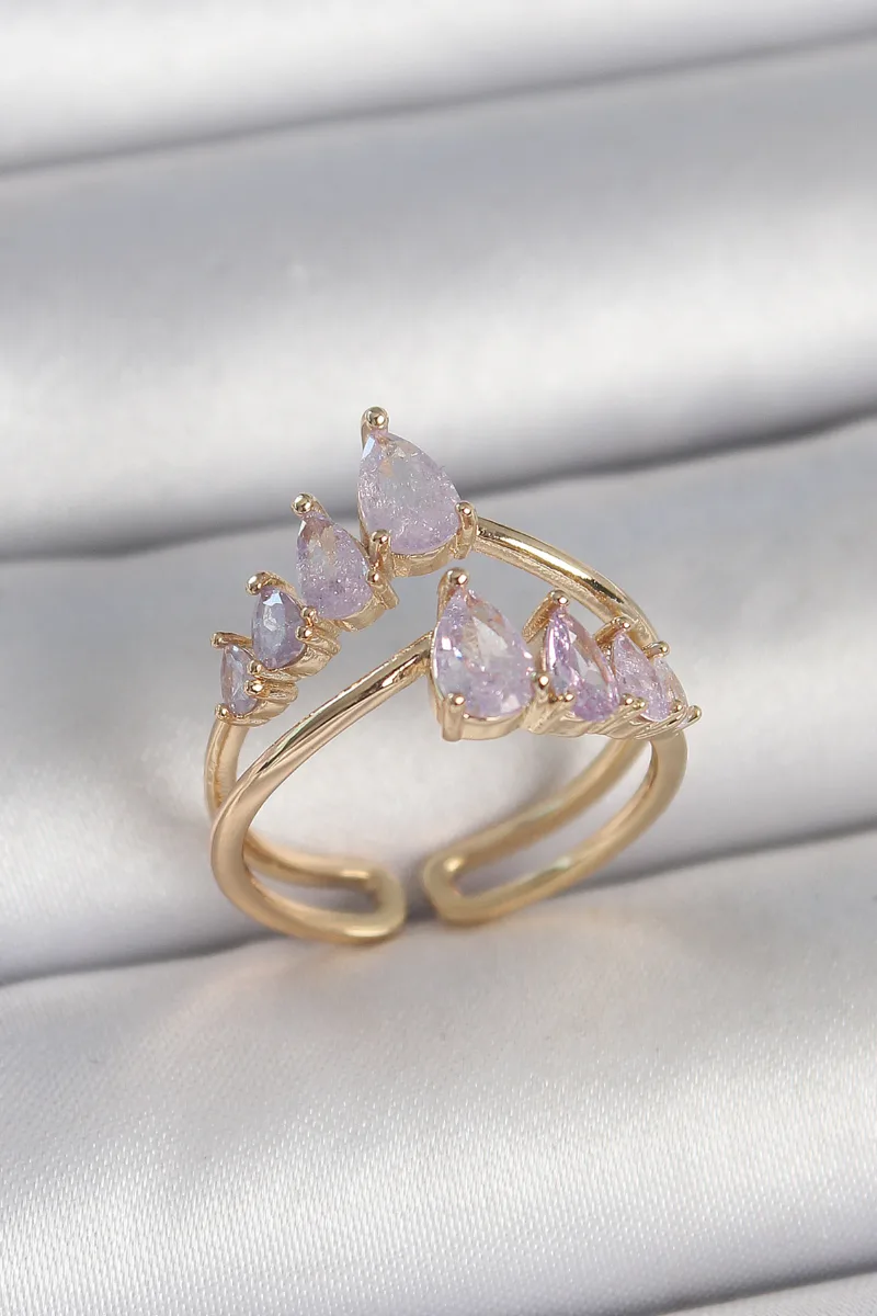 Mor Damla Zirkon Taşlı Taç Model Gold Yüzük