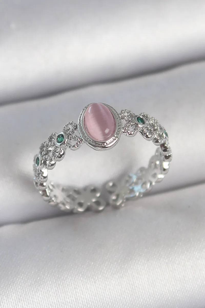 Pembe Mineli Zirkon Taşlı Damla Model Gümüş Yüzük