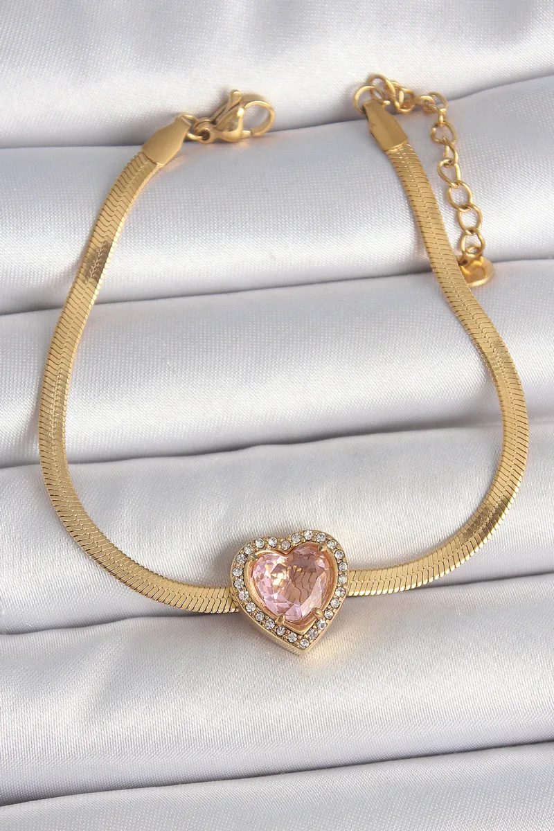 Çelik Gold Renk Pembe Zirkon Kalp İtalyan Bileklik