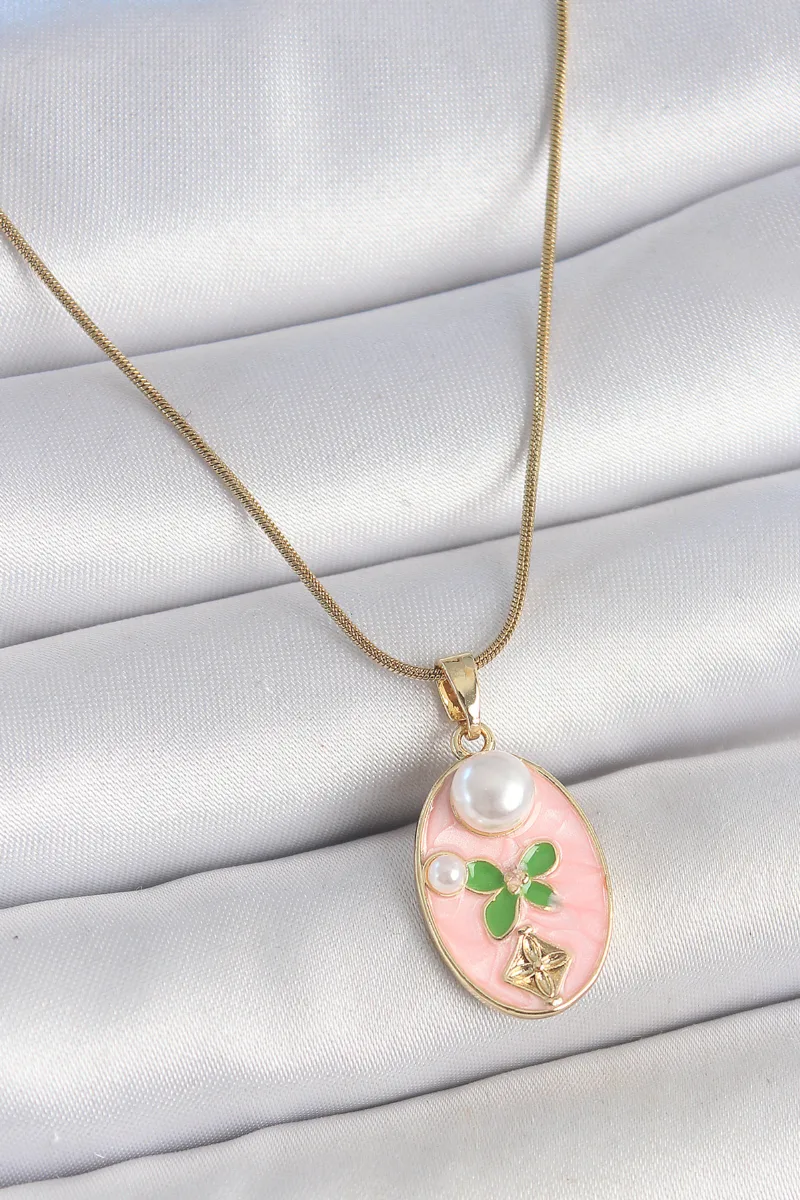 Çelik Gold Renk Pembe Oval İncili Çiçek Kolye