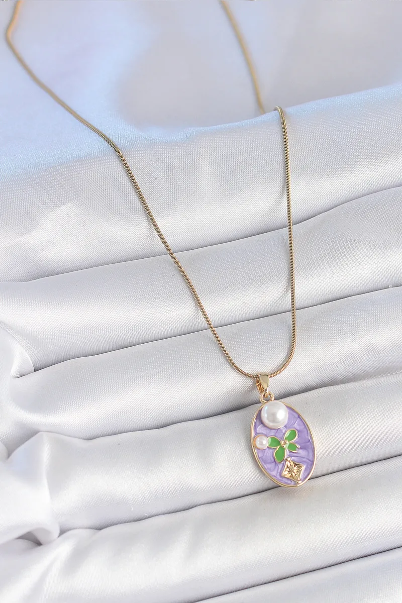Çelik Gold Renk Mor Oval İncili Çiçek Kolye