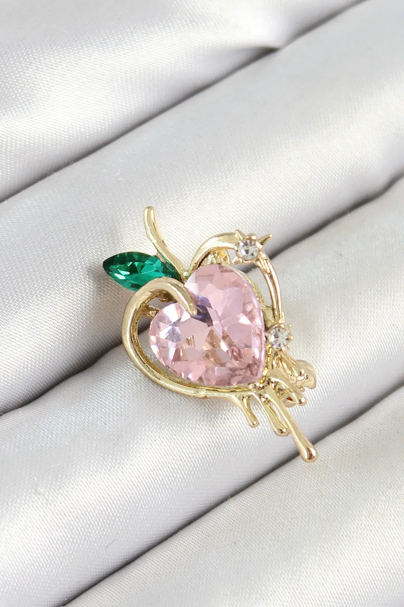 Eriyen Kalp Figürlü Pembe Yeşil Zirkon Gold Broş