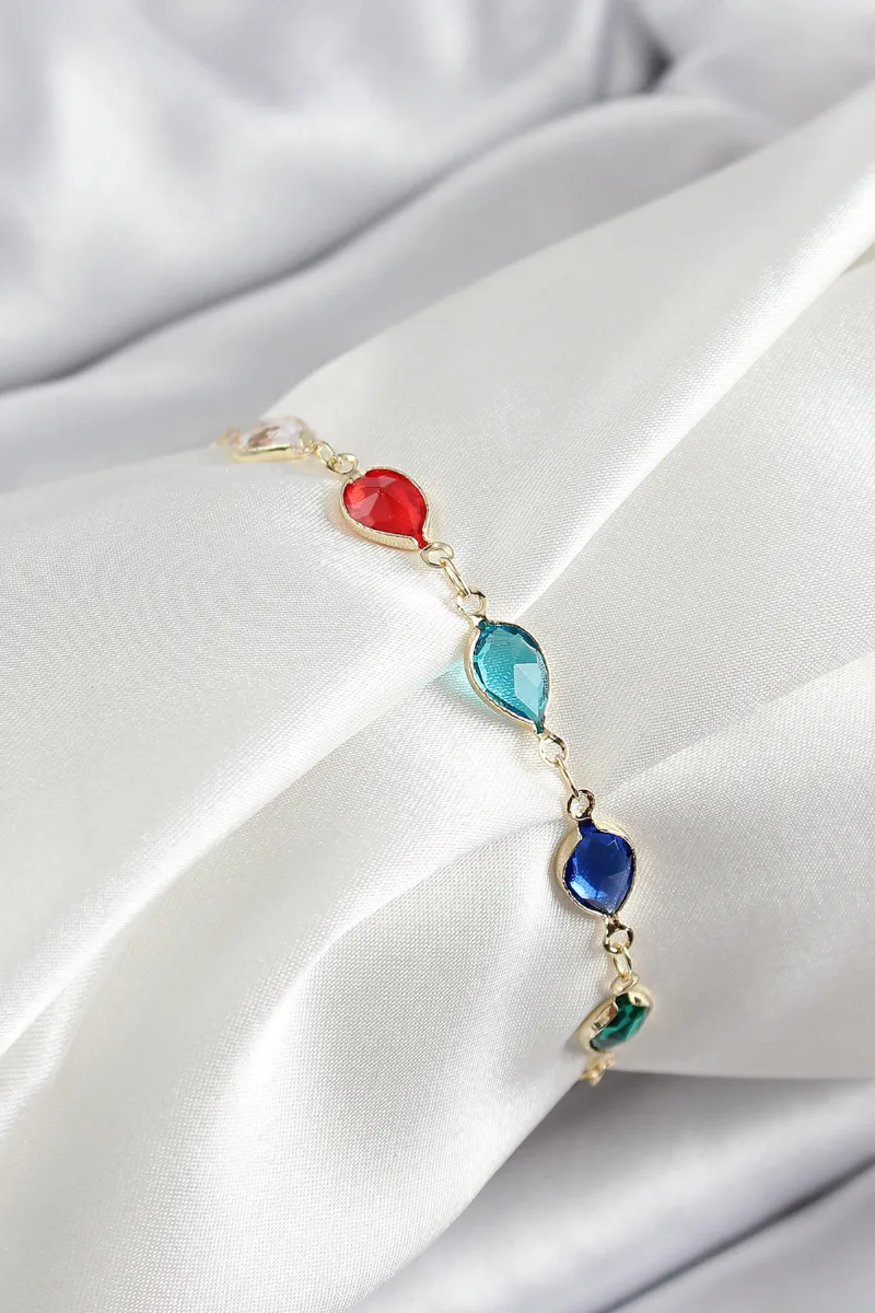 Damla Model Zirkon Taşlı Renkli Gold Renk Bileklik