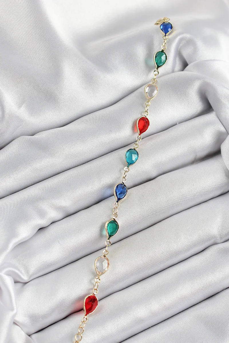 Damla Model Zirkon Taşlı Renkli Gold Renk Bileklik
